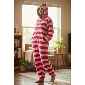 Cheshire Cat Hooded Fleece Costume Pajamas W/ Pockets Pink & Fuchsia Stripes Siz